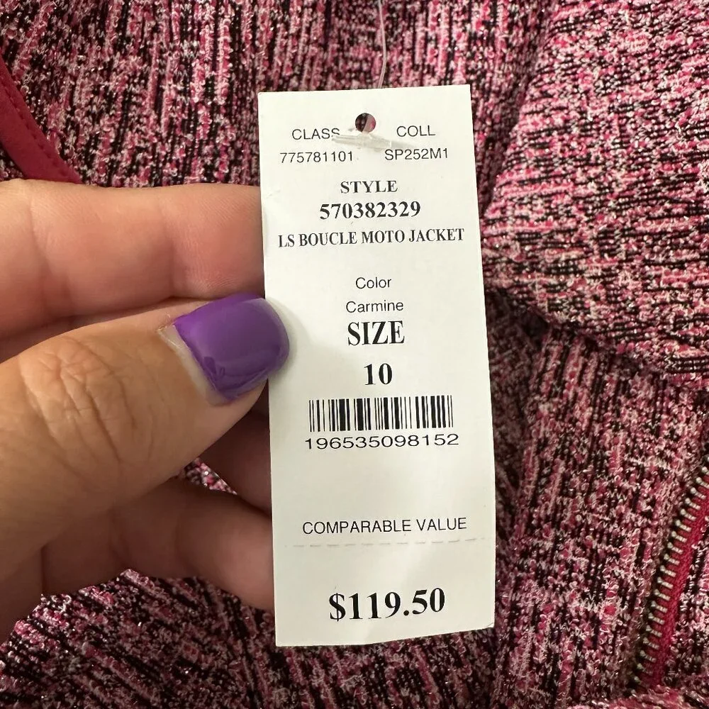 NWT White House Black Market Long Sleeve Boucle Moto Jacket Carmine 10